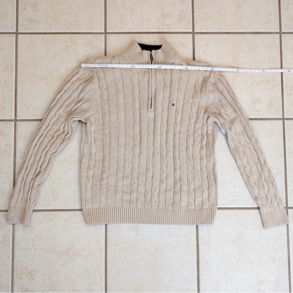 Size L Tommy Hilfiger 100% Cotton Y2K Vintage Cream Chunky Knit Quarter Zip - Picture 6 of 15